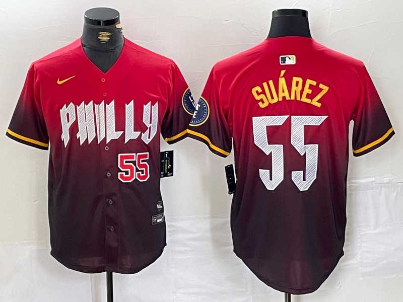 Mens Philadelphia Phillies #55 Ranger Suarez Red 2024 City Player Number Cool Base Jerseys